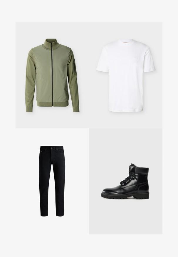 Veste homme vert olive avec fermeture éclair frontale complète, col montant, manches tricotées et poche zippée sur le bras supérieur gauche.; T-shirt blanc uni à manches courtes et col rond avec logo "BOSS" discrètement embossé sur le côté gauche de la poitrine.; Jeans slim noirs avec cinq poches, fermeture à bouton et passants de ceinture, présentés sur un fond blanc.; Bottine en cuir noir avec une finition brillante, design à lacets, col rembourré et semelle en caoutchouc robuste avec des grips de traction.