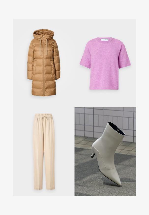 Beige Daunenjacke mit Kapuze, ausgestattet mit einem Reißverschluss auf der Vorderseite, zwei Seitentaschen und gestepptem, quilted Textur zur Isolierung.; Rosa Kurzarm-Pullover mit Rundhalsausschnitt. Weiche Textur, entspannte Passform und minimale Nähte. Etikett auf der Rückseite sichtbar.; Beige, leichte Hose mit elastischem Bund, Kordelzugdetails und geradem Beinanschnitt. Glatte Textur, minimalistischer Stil.; Off-white Leder-Stiefel mit spitz zulaufender Zehe und kleinem Kittenabsatz, der auf einem Außenpflaster vor einer gefliesten Wand ruht.