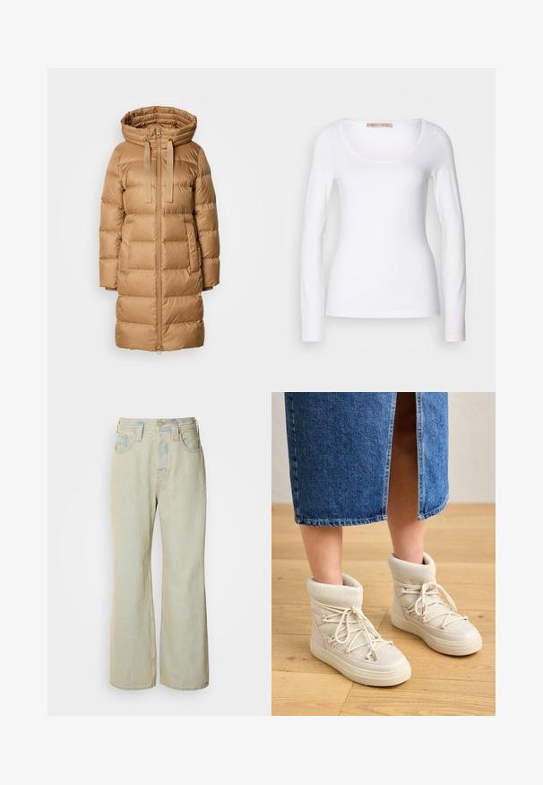 Beige dunjakke med hætte, der har en frontlynlås, to sidelommer og en quiltestruktur for isolering.; Langærmet hvid bomulds T-shirt med rund halsudskæring og tætsiddende design, med glat tekstur og uden udsmykninger.; Lysblå, brede bukser i denim med høj talje, fem lommer og diskret falmning med kontraststikninger.; Beige ankelstøvler med en blød, strikket kant og hvide snørebånd. Sålen er tyk og struktureret, parret med en blå denimnederdel.
