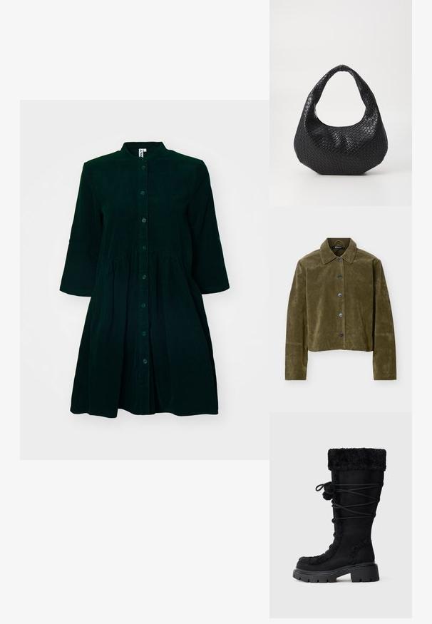 Veste courte en daim vert olive avec manches longues, col pointu et cinq boutons foncés sur le devant.; Robe en velours côtelé vert foncé avec un devant à boutons, col mandarin, manches trois-quarts et taille froncée pour plus de détail.; Bottes montantes en daim noir avec une bordure en fausse fourrure texturée en haut, dotées d'un design à lacets et d'une semelle en caoutchouc épaisse.; Sac à main tissé noir avec une poignée courbée, présentant une surface texturée et une forme décontractée. Fini lisse avec une silhouette organique.