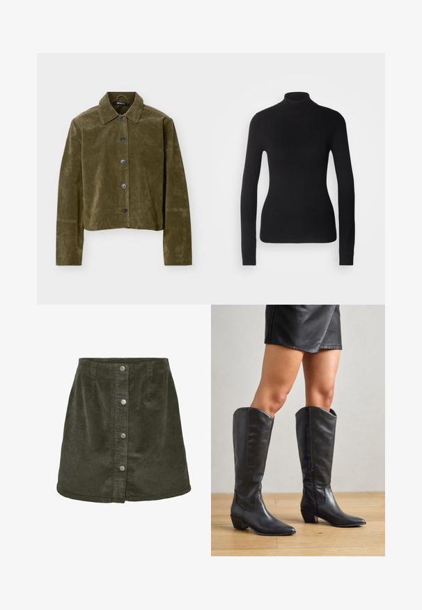 Chaqueta corta de ante verde oliva con mangas largas, cuello puntiagudo y cinco botones oscuros en la parte delantera.; Suéter negro de cuello alto hecho de un tejido de punto ligero. Presenta mangas largas, un diseño ajustado y una suave textura acanalada.; Falda mini de pana en verde oscuro con forma de línea A, que cuenta con cinco cierres de botones plateados en la parte delantera y textura acanalada vertical.; Botas negras hasta la rodilla, hechas de cuero suave, con punta afilada, tacón bajo cuadrado y cremallera lateral para facilitar el uso.