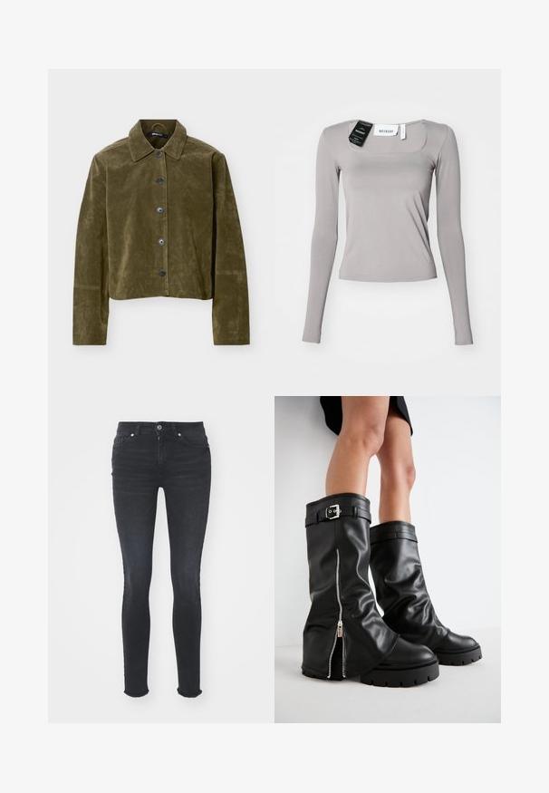 Olijfgroene suède korte jas met lange mouwen, puntige kraag en vijf donkere knopen aan de voorkant.; Langarmshirt in lichtgrijs, met een vierkante halslijn, slim fit en gladde stof. Inclusief labels bevestigd aan de halslijn.; Zwarte denim skinny jeans met een middelhoge taille, vijf zakken en een franjerand. De stof heeft een gladde textuur met een lichte rek.; Zwarte leren kniehoge laarzen met een brede schacht, voorzien van een zijrits en een gespaccent, met een gestructureerde afwerking en een chunky rubberen zool.