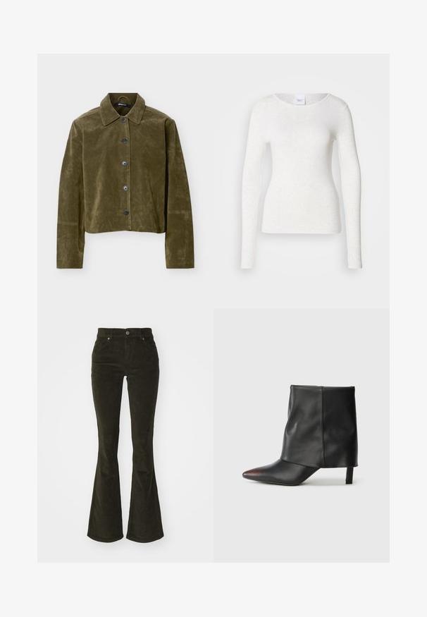 Veste courte en daim vert olive avec manches longues, col pointu et cinq boutons foncés sur le devant.; T-shirt blanc à manches longues en tissu doux et léger avec un col rond et une coupe ajustée, présentant une texture subtile.; Pantalons en velours côtelé évasés de couleur vert foncé. Comprend des poches avant, une fermeture à bouton, et un tissu doux et texturé avec un motif en relief.; Bottine noire en cuir lisse avec un bout pointu et un talon effilé. La tige présente un design légèrement froncé.