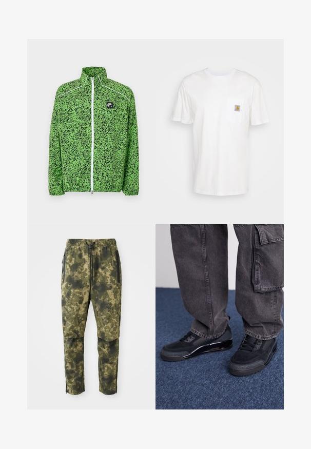 Zeleno-čierna vzorovaná bunda Nike Air na zips s stojacím golierom a bielym detailom na zips.; Biele bavlnené tričko s krátkymi rukávmi, vreckom na hrudi a malou štvorcovou nášivkou v oranžovej a bielej farbe na vrecku.; Kárované nohavice v rôznych odtieňoch zelenej farby s digitálnym vzorom. Vybavené elastickým pásom, šnúrkou na stiahnutie a bočnými vreckami so zipsom.; Čierne športové topánky s textúrovaným povrchom, hladkými akcentmi a masívnou podrážkou, skombinované so šedými, voľnými cargo nohavicami.