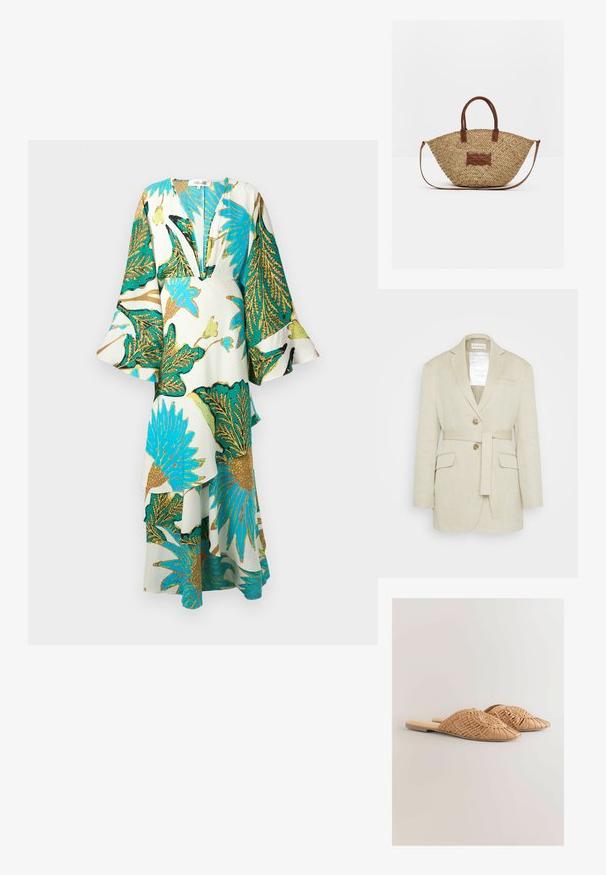 Beige linned blazer med bælte i taljen, to forlommer, klippekrave og to knapper. Har et mærke synligt indeni kraven.; Lang, flydende kjole med dyb V-hals, klokkeærmer og levende tropiske bladmønstre i teal, guld og grøn på en lys baggrund.; Vævede læder slidesandaler i lysebrun, med et oversized vævet overdelsdesign og en flad sål. Spidse tæer giver et elegant udseende.; Flettet stråtaske med brune læderhåndtag og kant, med rund bund og aftagelig skulderrem.