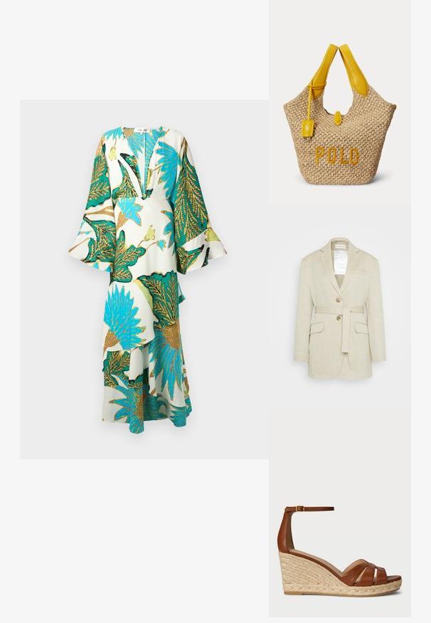 Beige linned blazer med bælte i taljen, to forlommer, klippekrave og to knapper. Har et mærke synligt indeni kraven.; Lang, flydende kjole med dyb V-hals, klokkeærmer og levende tropiske bladmønstre i teal, guld og grøn på en lys baggrund.; Brune læder wedge sandaler med ankelrem, der har en vævet jutesål og krydset remdesign. Holdbare og strukturerede materialer.; Beige vævet taske med gule læderhåndtag, et lille gult lædermærke og ordet "POLO" broderet i gult foran.