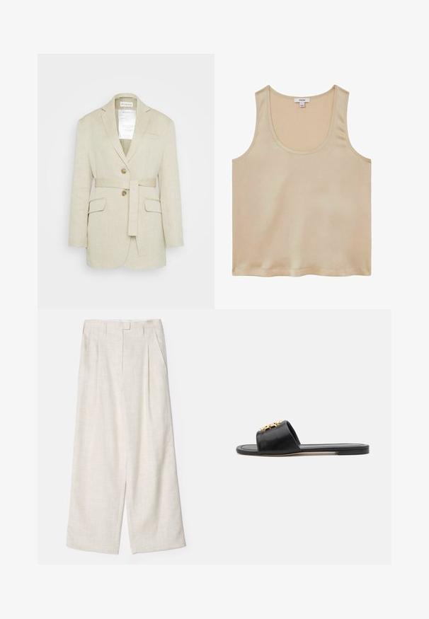 Blazer de lino beige con cintura ceñida, dos bolsillos frontales, solapas muesca y dos botones. Presenta una etiqueta visible en el interior del cuello.; Reiss REGULAR FIT - Blusa - neutral; Pantalones de pierna ancha en color beige, hechos de una tela ligera y texturizada. Presentan un frente plisado y una cinturilla entallada para un ajuste estructurado.; Sandalias de cuero negro tipo slide con Punta Abierta, suela plana y un acento dorado decorativo en la parte superior. Textura suave con diseño minimalista.