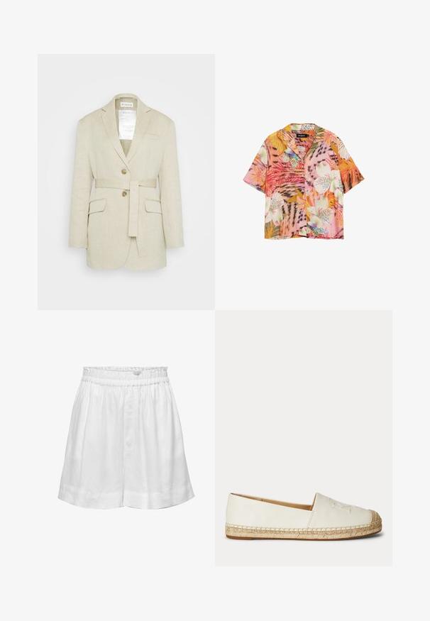 Blazer de lino beige con cintura ceñida, dos bolsillos frontales, solapas muesca y dos botones. Presenta una etiqueta visible en el interior del cuello.; Camisa de manga corta con botones y patrones vibrantes de flores y hojas tropicales en tonos rosa, naranja, blanco y verde.; Pantalones cortos de lino blanco con cintura elástica y corte relajado. Presentan una textura suave y dobladillos con puños para un detalle adicional.; Alpargata blanca sin cordones con suela de yute trenzado y detalles cosidos a lo largo de los bordes, mostrada desde el lado exterior.