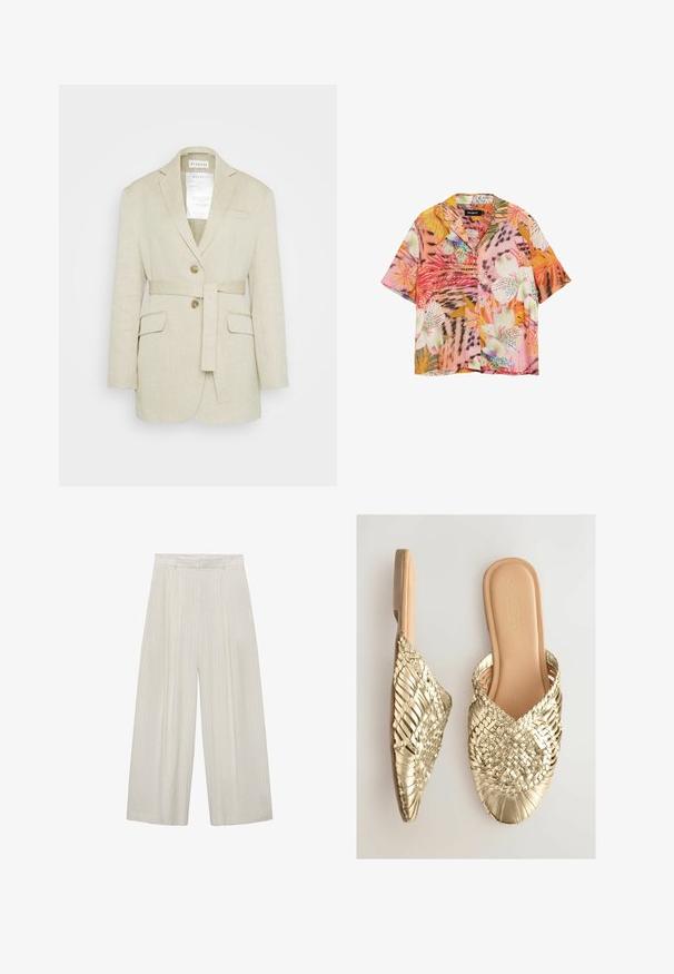 Beige linned blazer med bælte i taljen, to forlommer, klippekrave og to knapper. Har et mærke synligt indeni kraven.; Kortærmet skjorte med knapper, prydet med livlige tropiske blomster- og bladmønstre i toner af pink, orange, hvid og grøn.; Bredde bukser i lys beige med lodrette hvide striber. Har høj talje, plisseret front og glat tekstur.; Guld, vævede mules med spids tå og åben hæl, anbragt på en lys baggrund. Viser et luksuriøst og stilfuldt fodtøjsdesign.