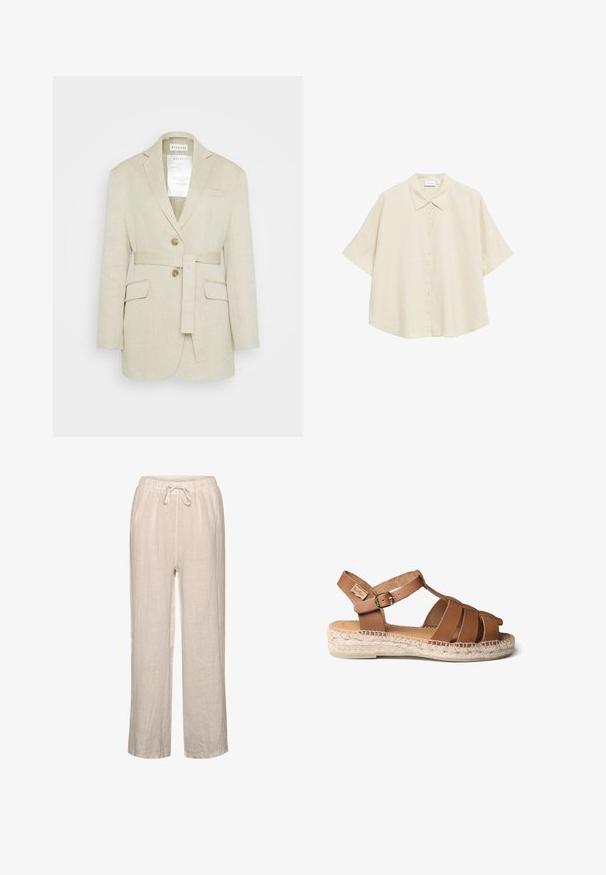 Blazer en lin beige avec une taille ceinturée, deux poches avant, des revers crantés et deux boutons. Présente une étiquette visible à l'intérieur du col.; Chemise beige à manches courtes avec boutons, col pointu, coupe décontractée et tissu léger.; Pantalons en lin beige clair avec une taille élastique et un cordon de serrage, présentant une coupe décontractée et une jambe droite.; Sandale en cuir marron avec semelle en corde tressée, présentant un design à lanières, une boucle réglable à la cheville et une texture lisse.