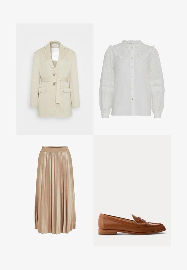 Blazer en lin beige avec une taille ceinturée, deux poches avant, des revers crantés et deux boutons. Présente une étiquette visible à l'intérieur du col.; Blouse blanche avec un col volanté, fermeture à boutons et détails en broderie sur les manches bouffantes. Présente un éclat subtil et une texture douce.; Jupe midi plissée en satin beige clair. Dotée d'une large taille élastique et de plis verticaux élégants sur toute sa longueur.; Mocassin en cuir marron avec petit talon en bois, bride classique pour pièce et détails cousus le long de la pointe et des côtés.