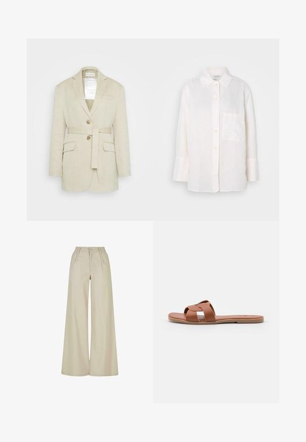Beige linnen blazer met een ceintuur in de taille, twee voorkruiszakken, geknopfelde revers en twee knopen. Bevat een label dat zichtbaar is in de kraag.; Witte, lange mouwen linnen shirt met een button-down kraag. Voorzien van een voorzak en een relaxte, iets oversized pasvorm. Gestructureerde stof.; Beige broek met wijde pijpen en hoge taille, plooien aan de voorkant, riemlussen en knoopsluiting.; Bruine platte sandaalslippers van soepel leer met een kruissprayontwerp, met een vlakke zool en een minimalistische stijl.