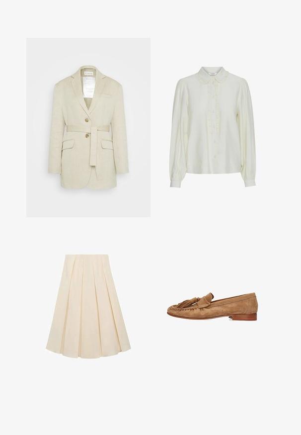 Beige linned blazer med bælte i taljen, to forlommer, klippekrave og to knapper. Har et mærke synligt indeni kraven.; Cremefarvet bluse med en bølget krave, frontknaplukning, lange pufferærmer og et blødt, struktureret stof. Elegant og minimalistisk design.; Plisseret nederdel i cremefarvet stof; har en blød tekstur, mellemlang design og symmetriske plisseringer, der strækker sig fra taljen til kanten.; Suedelæderslippers i lys brun med flad hæl, der har en dekorativ kvast og syet detaljering langs kanterne.
