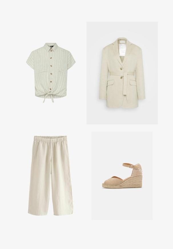 Blazer en lin beige avec une taille ceinturée, deux poches avant, des revers crantés et deux boutons. Présente une étiquette visible à l'intérieur du col.; Blouse à manches courtes, de couleur beige clair, avec des rayures verticales, un col, une fermeture à boutons sur le devant, deux poches poitrine et un détail de bas noué. Le matériau semble texturé.; Pantalons larges en lin beige clair avec une taille élastique, dotés de poches latérales et d'une texture lisse. Coupe décontractée.; Castañer BIANCA - Espadrilles - sand
