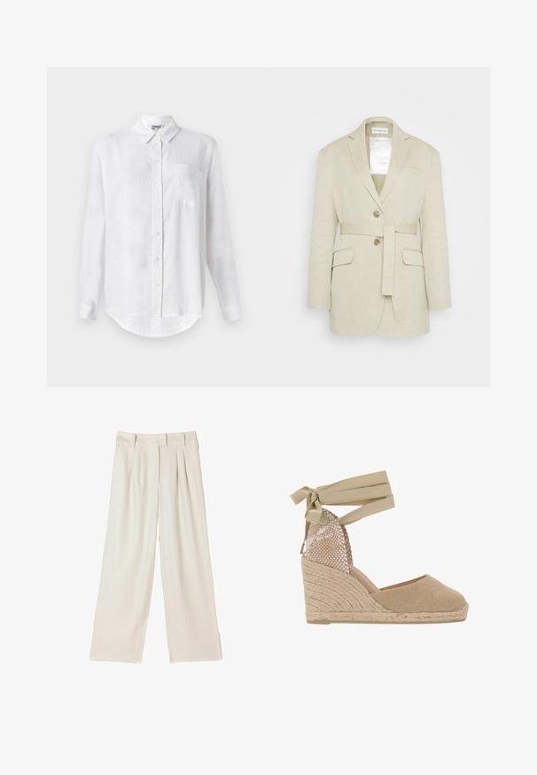 Beige linned blazer med bælte i taljen, to forlommer, klippekrave og to knapper. Har et mærke synligt indeni kraven.; Hvid langærmet skjorte lavet af hør med button-down krave, enkelt brystlomme og afrundet nederste kant. Har standard frontlukning med knapper.; Bukser med vide ben i lysebeige stof, med dobbelte læg foran og en lige pasform, med en glat tekstur og uden synlige metaldele.; Beige espadrille wedge sandal med en tekstureret vævet overdel, snørebånd omkring anklen og en jute-indhyllet platformhæl.