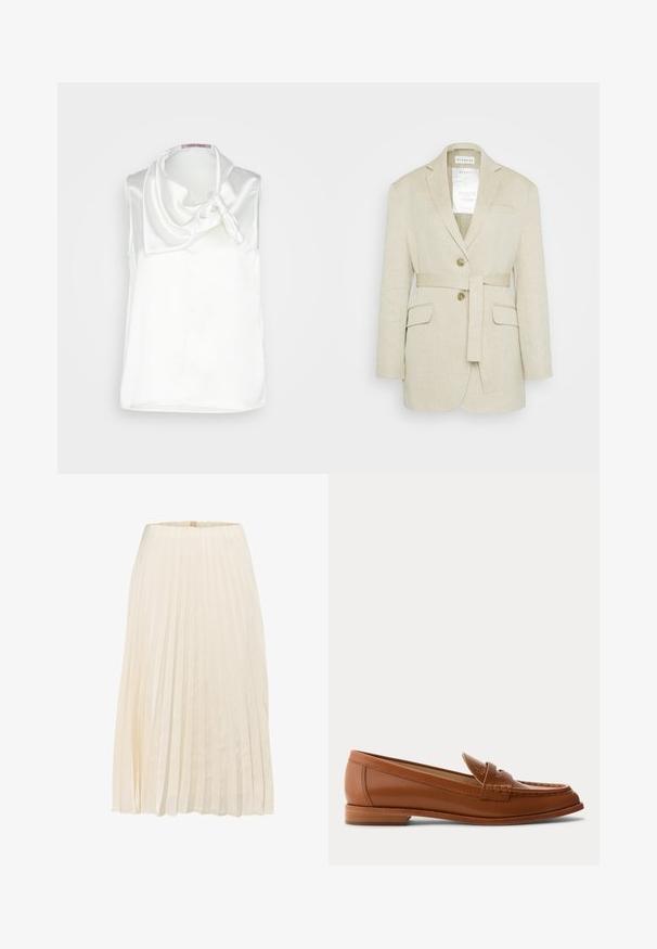 Blazer en lin beige avec une taille ceinturée, deux poches avant, des revers crantés et deux boutons. Présente une étiquette visible à l'intérieur du col.; Anna Field by Zalando Blouse - white; Jupe plissée en tissu couleur crème, présentant des plis verticaux et une texture lisse, avec une coupe mi-longue et une taille simple.; Mocassin en cuir marron avec petit talon en bois, bride classique pour pièce et détails cousus le long de la pointe et des côtés.