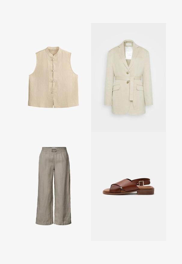Blazer en lin beige avec une taille ceinturée, deux poches avant, des revers crantés et deux boutons. Présente une étiquette visible à l'intérieur du col.; Veste sans manches beige avec col mandarin et quatre fermetures à boutons noués traditionnels sur le devant, présentant des fines rayures verticales.; Pantalon large en lin beige avec taille élastique et petit détail de boucle à l’avant, conçu pour un usage décontracté.; Sandale en cuir marron avec brides croisées, bride de cheville à boucle, semelle intérieure rembourrée et petit talon en bois sur fond blanc.
