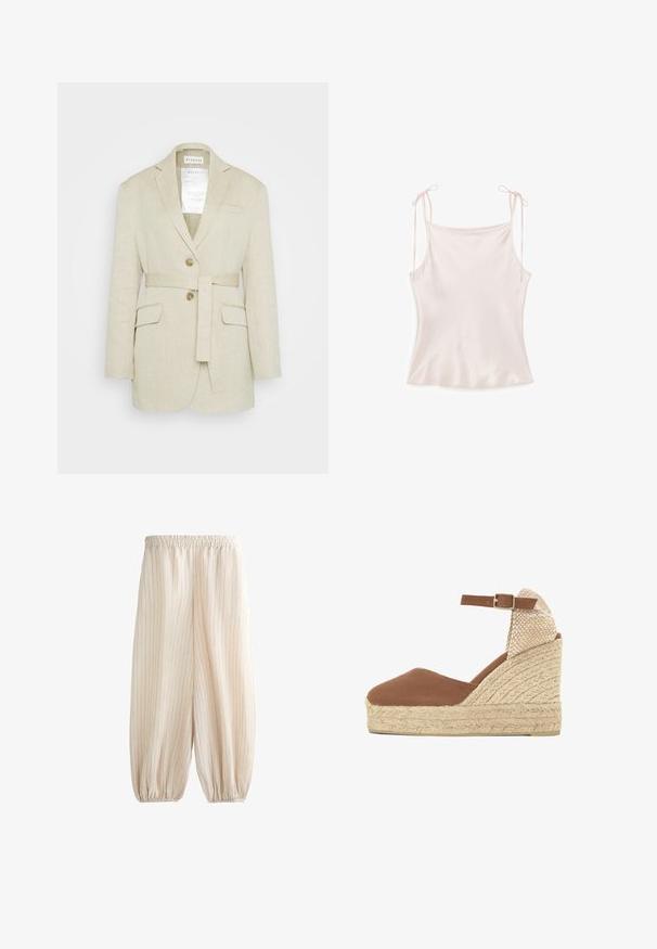 Beige Leinen-Blazer mit einem taillierten Gürtel, zwei vorderen Taschen, gekerbten Revers und zwei Knöpfen. Enthält ein sichtbares Etikett im Kragen.; Seidenzartes, hellrosa Camisole-Top mit dünnen Schulterriemen, die zu Schleifen gebunden sind, glatter Textur und leicht ausgestelltem Saum.; Beige, locker sitzende Hose mit dünnen vertikalen Streifen, elastischem Bund und elastischen Bündchen an den Knöcheln.; Braune Canvas-Keilabsatz-Sandale mit gewebtem Jute-Plateau, Knöchelriemen mit Metallschnalle und strukturierter Fersenkappe.