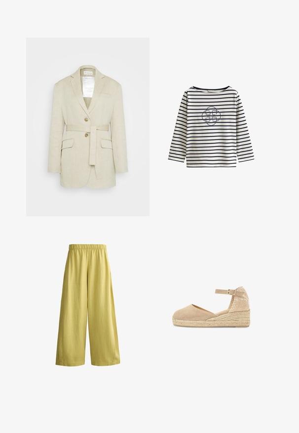 Blazer en lin beige avec une taille ceinturée, deux poches avant, des revers crantés et deux boutons. Présente une étiquette visible à l'intérieur du col.; Chemise blanche à manches longues avec des rayures horizontales bleu marine et un logo central brodé en forme de corde bleu marine sur la poitrine.; Pantalon ample à jambes larges de couleur jaune moutarde avec une taille élastique, présenté sur un fond blanc.; Espadrille compensée beige avec boucle de sangle à la cheville, contrefort tissé et semelle en jute tressé.