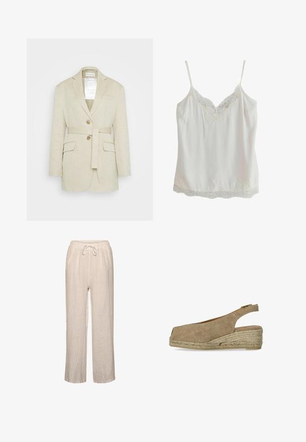 Blazer de lino beige con cintura ceñida, dos bolsillos frontales, solapas muesca y dos botones. Presenta una etiqueta visible en el interior del cuello.; Camisola sin mangas blanca con tirantes finos y adorno de encaje en el escote y el dobladillo, hecha de tela suave.; Pantalones de lino en beige claro con cintura elástica y cordón, que presentan un corte relajado y diseño de pierna recta.; Castañer DOSALIA - Alpargatas - sand