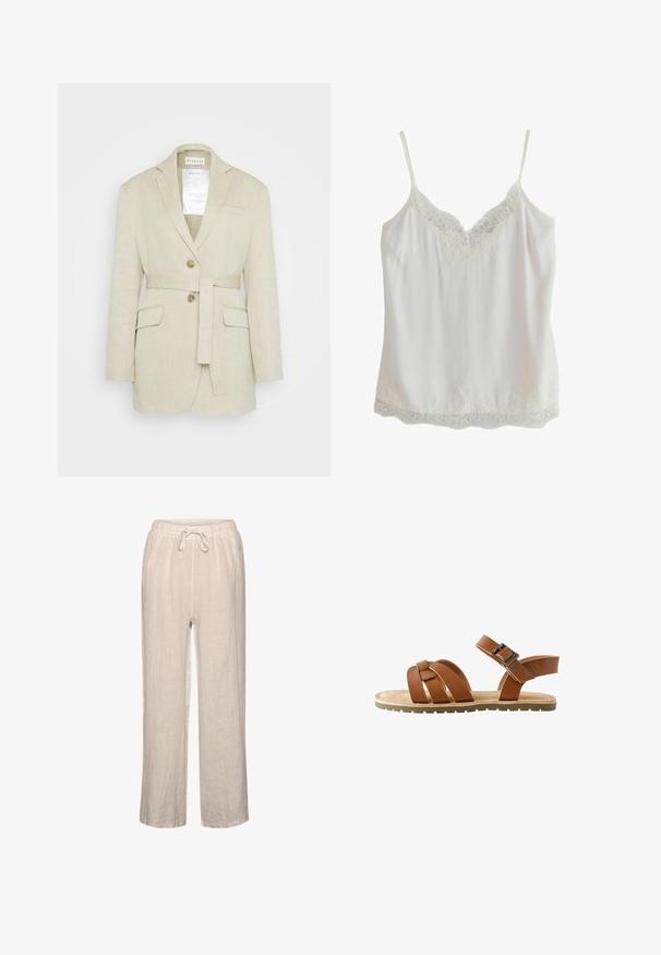 Beige linned blazer med bælte i taljen, to forlommer, klippekrave og to knapper. Har et mærke synligt indeni kraven.; Hvid ærmeløs camisole med tynde stropper og blondekant på udskæringen og kanten, lavet af glat stof.; Linnedbukser i lys beige med elastisk talje og snøre, der har en afslappet pasform og lige ben.; Brune lædersandaler med flere krydsende stropper, en justerbar ankelspænde og en flad sål med skridsikre detaljer.