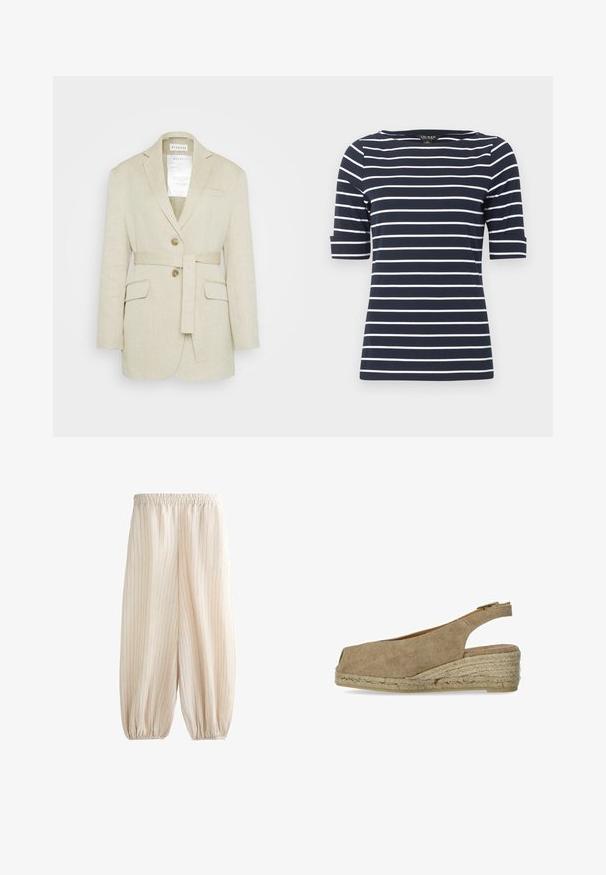 Blazer en lin beige avec une taille ceinturée, deux poches avant, des revers crantés et deux boutons. Présente une étiquette visible à l'intérieur du col.; Chemise bleu marine à manches courtes avec des rayures horizontales blanches et un col rond.; Pantalon beige à coupe ample avec fines rayures verticales, taille élastique et poignets élastiques aux chevilles.; Castañer DOSALIA - Espadrilles - sand