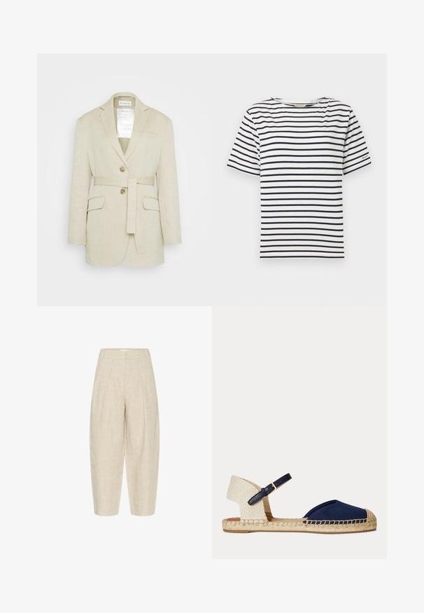 Blazer de lino beige con cintura ceñida, dos bolsillos frontales, solapas muesca y dos botones. Presenta una etiqueta visible en el interior del cuello.; Camiseta blanca con rayas horizontales azul marino, cuello redondo, mangas cortas y un pequeño detalle de logo en la manga izquierda. Material de algodón.; Pantalones de lino beige con un corte holgado, que cuentan con pinzas en la cintura, largo recortado y una tela texturizada y tejida.; Sandalia plana de esparto para mujer con parte delantera de tejido azul marino, talón beige tejido y correa ajustable para el tobillo en negro con hebilla dorada.