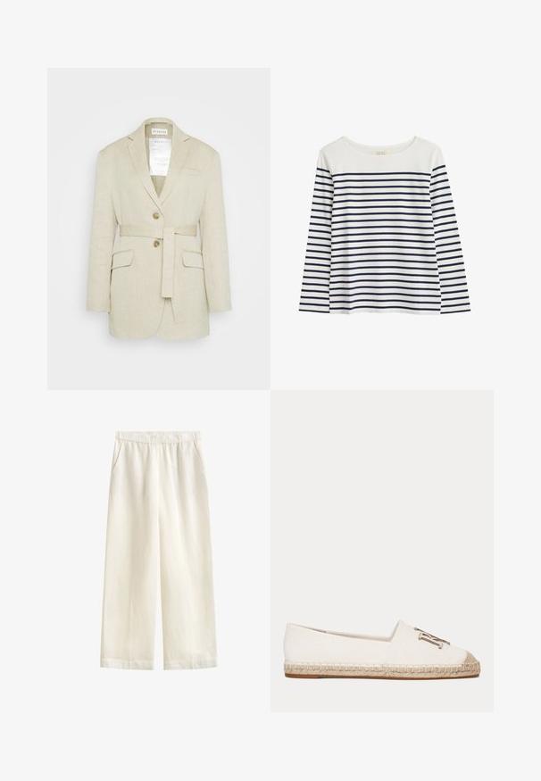 Beige linnen blazer met een ceintuur in de taille, twee voorkruiszakken, geknopfelde revers en twee knopen. Bevat een label dat zichtbaar is in de kraag.; Langärmbla top van biologisch katoen met een witte achtergrond en marineblauwe horizontale strepen. Ronde halslijn, relaxte pasvorm, geen zichtbare accenten.; GANT BLEND PULL ON PANTS - Broek - eggshell; Witte canvas espadrille met geweven jutezool en metalen decoratief embleem aan de voorkant.