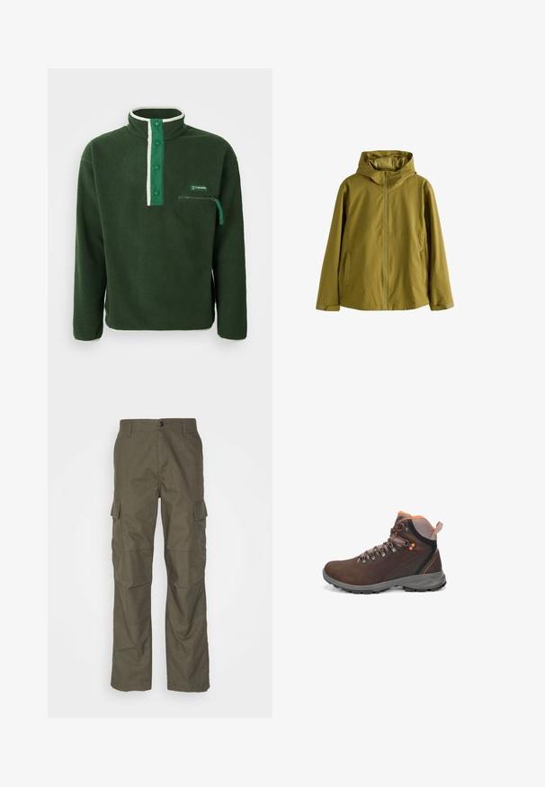 Chaqueta con capucha en verde oliva, hecha de una tela suave y ligera. Presenta un cierre frontal, dos bolsillos laterales y puños ajustables.; Polaire verde con cuello alto, que presenta una cremallera blanca en contraste, botones a presión y un bolsillo en el pecho con cremallera. Tejido texturizado.; Pantalones cargo en color oliva con corte recto, fabricados en tejido texturizado. Presentan grandes bolsillos laterales y un cierre de botón.; Bota de senderismo marrón con un upper texturizado, acentos en naranja y ojales de metal para los cordones. Suela robusta para tracción y soporte.