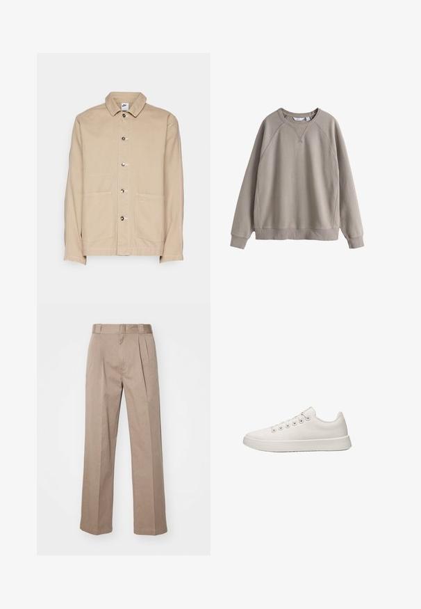Beige Canvas-Jacke mit Kragen, vorderem Knopfverschluss und zwei großen Fronttaschen. Mit einem kleinen Nike-Logo über der rechten Tasche.; Beigefarbener Sweatshirt mit Rundhalsausschnitt, langen Ärmeln, gerippten Bündchen und Saum sowie dezenten Nahtdetails an Schultern und Brust.; Beige, hoch taillierte Hosen mit weit geschnittenem Design. Verfügbar mit zwei Vorderfalten und einer glatten Textur. Standardlänge mit einem sauberen Finish.; Niedriger, schlichter weißer Leinensneaker mit weißer Gummisohle und weißen Schnürsenkeln, von der Seite vor weißem Hintergrund gezeigt.