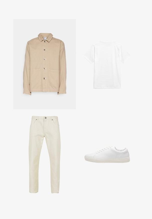 Beige Canvas-Jacke mit Kragen, vorderem Knopfverschluss und zwei großen Fronttaschen. Mit einem kleinen Nike-Logo über der rechten Tasche.; Weißes Baumwoll-T-Shirt mit kurzen Ärmeln und Rundhalsausschnitt. Der Stoff wirkt glatt ohne Muster oder sichtbare Hardware.; Beige Baumwollhose mit glatter Textur, geradem Schnitt, fünf Taschen Design und metallenem Knopfverschluss an der Taille.; Weiße Leder-Sneaker mit glatter Textur, runder Zehenpartie, Schnürverschluss und flacher Gummisohle. Minimalistisches Design ohne sichtbare Muster.