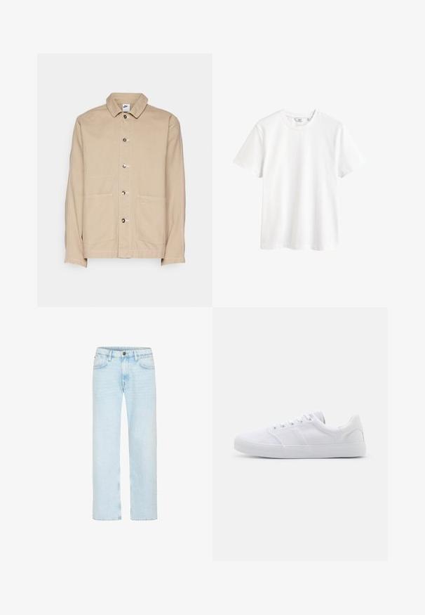 Beige Canvas-Jacke mit Kragen, vorderem Knopfverschluss und zwei großen Fronttaschen. Mit einem kleinen Nike-Logo über der rechten Tasche.; Schlichtes weißes Kurzarm-T-Shirt mit Rundhalsausschnitt und kleinem Markenlabel innen im Kragen.; Hellblaue Jeans mit geradem Bein, vorderem Knopf und Reißverschluss, Gürtelschlaufen und Vordertaschen auf weißem Hintergrund.; Weiße Leinenschuhe mit Gummisohle, ausgestattet mit sechs Ösen, einer strukturierten Zehenkappe und minimalistischer Gestaltung.