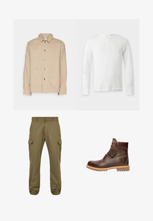 Veste en toile beige avec col, fermeture à boutons sur le devant et deux grandes poches avant. Présente un petit logo Nike au-dessus de la poche droite.; T-shirt thermique blanc à manches longues avec col rond et patte de boutonnage à trois boutons, présenté à plat sur fond clair.; Pantalons cargo verts avec une coupe droite, en coton, dotés de poches latérales et d'une fermeture à bouton pour plus de fonctionnalité. Texture lisse, design décontracté.; Bottine en cuir marron avec un bout rond, une semelle robuste, des éléments en doré et un dessus texturé. Comprend une étiquette de logo attachée.