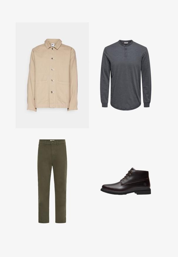 Chaqueta de lona beige con cuello, cierre delantero de botones y dos grandes bolsillos frontales. Presenta un pequeño logo de Nike encima del bolsillo derecho.; Camiseta henley de manga larga y color gris, confeccionada con tela suave, que presenta un dobladillo redondeado, una tapeta con tres botones y puños acanalados.; Pantalones informales rectos de color verde oliva para hombre, con cierre de botón y trabillas para cinturón, diseñados para el uso diario.; Botín de cuero marrón oscuro con cordones, suela negra y logo sutil de la marca en el lateral, mostrado de perfil sobre un fondo blanco.