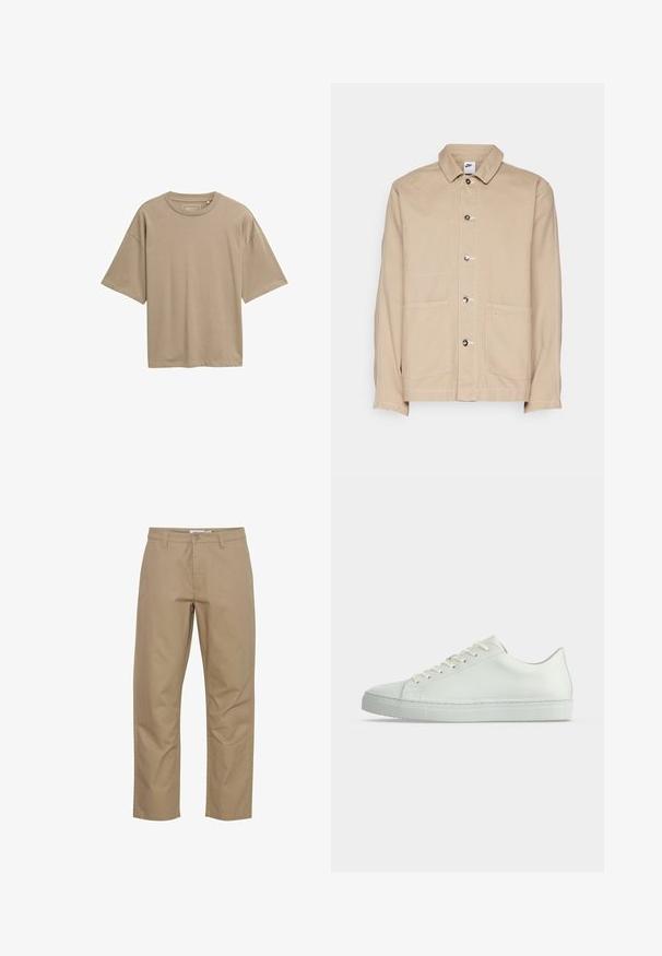 Chaqueta de lona beige con cuello, cierre delantero de botones y dos grandes bolsillos frontales. Presenta un pequeño logo de Nike encima del bolsillo derecho.; Camiseta beige de manga corta con un corte relajado, escote redondo y textura suave. Sin patrones visibles ni detalles de hardware.; Pantalones de algodón beige con un diseño de pierna recta, que cuentan con un cierre frontal de botón y cremallera, bolsillos laterales y un acabado limpio.; Zapatilla blanca de caña baja con cordones, parte superior de cuero liso y suela de goma plana, mostrada de lado sobre un fondo liso.