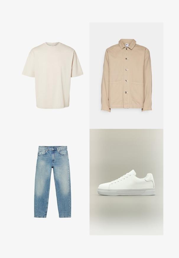 Béžová plátenná bunda s golierom, predným zapínaním na gombíky a dvoma veľkými prednými vreckami. Obsahuje malé logo Nike nad pravým vreckom.; Jednoduché béžové bavlnené tričko s krátkym rukávom, voľného strihu s okrúhlym výstrihom, zobrazené na bielom pozadí.; Modré džínsy s priamym strihom, prednými vreckami a pútkami na opasok, s jemnými vyblednutými detailmi na stehnách a kolenách.; Biela nízka teniska s predným zaväzovaním na šnúrky, polstrovaným golierom a textúrovanou gumovou podrážkou, zobrazená v bočnom profile na neutrálnom pozadí.