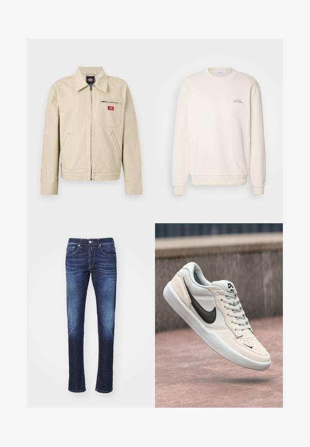 Beige en wit gestreepte jas met ritssluiting, kraag, lange mouwen, twee zijzakken en een met rits afgesloten borstzakje met een rood logo.; Crème kleur sweatshirt met een ronde hals, ribbelboorden en -zoom. Voorzien van een klein geborduurd logo op de linkerkant van de borst. Zachte textuur.; Donkerblauwe denim jeans met een rechte pijp, voorzien van vijf zakken, een knopenrits en subtiele vervaging langs de dijen.; Nike SB sneaker in lichtgrijs en crème, met een bovenwerk van suede, zwarte swoosh, textuurdetails en een witte rubberen zool.