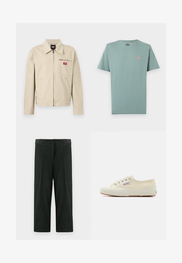 Beige and white striped zip-up jacket with collar, long sleeves, two side pockets, and a zippered chest pocket with a red logo patch.; Plain muted green short-sleeve crew neck t-shirt with small multicolored Dickies logo on the left chest.; Dark green wide-leg trousers made of textured cotton. Features a button closure and front pleats. Straight cut with a mid-rise waistband.; Beige canvas sneaker with a low-profile design, metal eyelets, and rubber sole. Features a textured pattern and logo detail on the side.