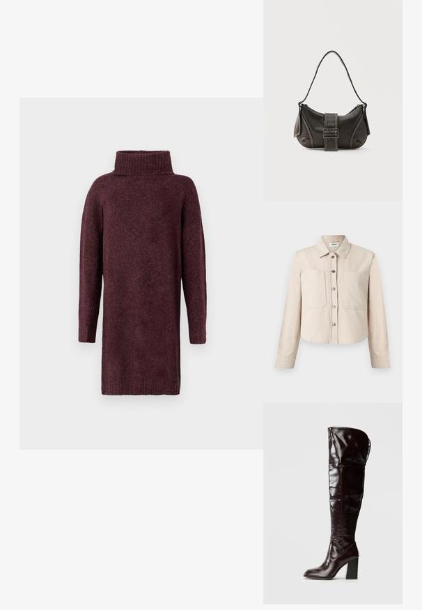 Veste courte beige à manches longues avec col, boutons-pression à l'avant et deux grandes poches sur la poitrine.; Robe en tricot bordeaux avec un col côtelé haut, des manches longues et une coupe ample. Texture douce avec une finition légèrement brossée.; Bottes en cuir bordeaux glacé montant jusqu'au genou, avec un bout carré et un talon bloc, présentant un design ample et des détails de couture minimalistes.; Sac à épaule en cuir noir avec une sangle à boucle, des bords arrondis et des coutures blanches contrastées sur un fond uni.
