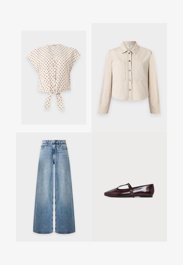 Veste courte beige à manches longues avec col, boutons-pression à l'avant et deux grandes poches sur la poitrine.; Blouse beige à manches courtes avec pois noirs, boutons sur le devant, col en V et détail de nœud noué à l'ourlet.; Jean en denim bleu clair à jambes larges, taille haute, bouton sur le devant, fermeture éclair et design classique à cinq poches.; Chaussure plate en cuir bordeaux foncé avec un bout pointu et une fine bride en T avec une boucle argentée sur fond blanc.