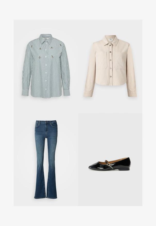 Beige langærmet cropped jakke med krave, forreste trykknapper og to store brystlommer.; Stribet langærmet skjorte i grøn og hvid med lodrette striber, knaplukning foran og dekorative metalblomsterdetaljer.; Flared jeans i falmet blå denim med forskellomme, høj talje og slidte detaljer med synlige syninger.; Sorte patenterede lædersko med spids tå, ankelrem med en guldfarvet spænde og en lav blokhæle. Glat, skinnende overflade.