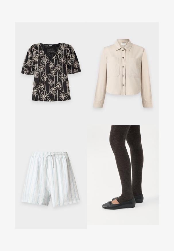 Veste courte beige à manches longues avec col, boutons-pression à l'avant et deux grandes poches sur la poitrine.; Haut noir avec des manches bouffantes, un col en V et une broderie de fleurs beige. Le motif floral est uniformément réparti sur le tissu.; Short blanc avec des rayures verticales bleu clair, ceinture élastique et cordon à l'avant, présenté sur un fond uni clair.; Jambes portant des leggings côtelés foncés associés à des ballerines noires avec de petits détails en nœud sur fond blanc.