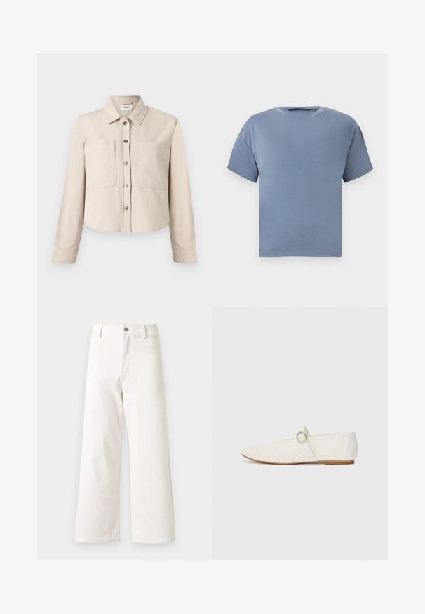 Beige langærmet cropped jakke med krave, forreste trykknapper og to store brystlommer.; Kortærmet t-shirt med rund hals i ensfarvet dæmpet blå, vist fladt mod en hvid baggrund.; Højtaljede, vide hvide denimbukser med knap- og lynlåslukning foran, bæltestropper og uden synlige lommer.; Hvide syntetiske flade sko med mesh-struktur, spidse tå og en sidesnor med en rund detalje. Lav hæl og fleksibel sål.