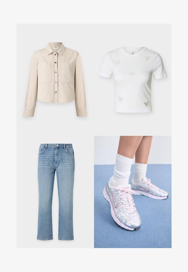 Beige langærmet cropped jakke med krave, forreste trykknapper og to store brystlommer.; Hvid kortærmet cropped t-shirt med fem små rhinsten sommerfugledekorationer på fronten.; Lyseblå jeans med lige ben, foran knap og lynlås, femlomme-design og subtil falmning på lårene.; Nike løbesko med sølvnetoverdel og pink detaljer, hvide snørebånd og en struktureret sål. Båret sammen med hvide bomulds sportsstrømper.
