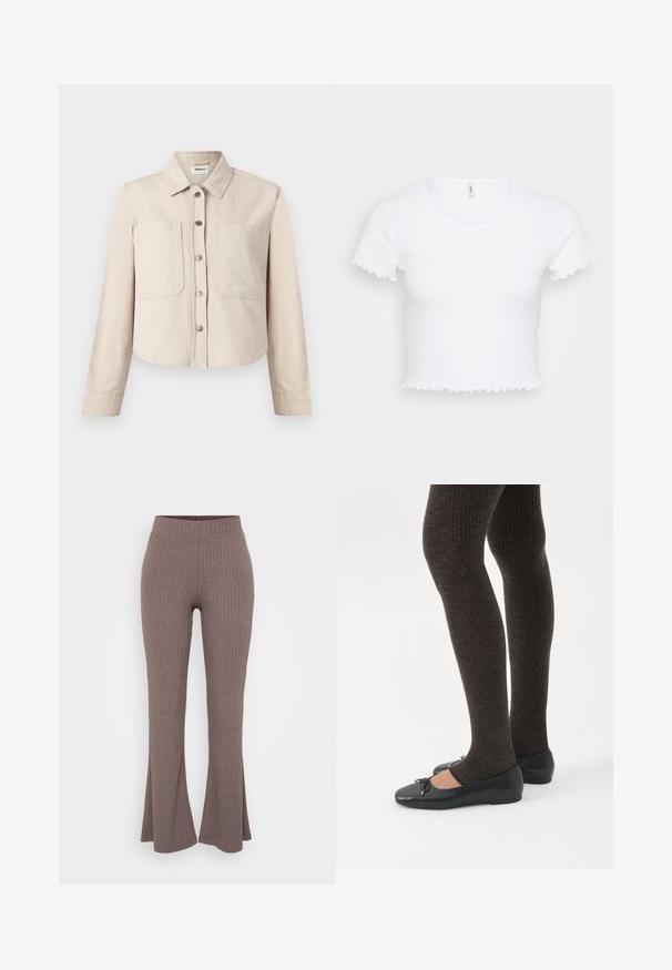 Beige cropped jack met lange mouwen, kraag, voorste drukknopen en twee grote borstzakken.; Witte geribbelde crop top met korte mouwen, voorzien van een ronde halslijn en gegolfde randen aan de mouwen en de zoom. Soepele textuur.; Bruine geribbelde flared broeken met een hoge, rekbare tailleband en een zachte textuur, met een subtiel verticaal patroon in het geheel.; Benen met donkere geribbelde leggings gecombineerd met zwarte ballerina's met kleine strikdetails op een witte achtergrond.