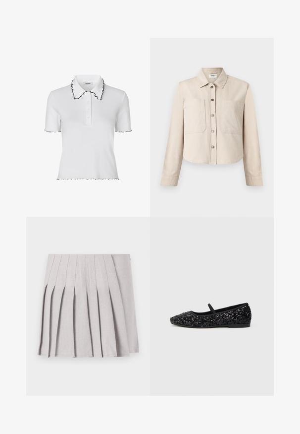 Veste courte beige à manches longues avec col, boutons-pression à l'avant et deux grandes poches sur la poitrine.; Modström MAGDALONEMD POLO - Polo - soft white; Jupe plissée grise au toucher lisse, dotée de multiples plis verticaux et d'une taille ajustée. Fabriquée en tissu léger.; Chaussures plates noires avec un bout pointu, dotées d'un dessus ornés de sequins, d'une sangle noire sur le cou-de-pied et d'un petit talon.