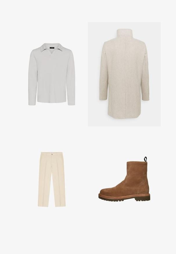 Beige wollen jas met een hoge kraag, rechte snit en lange mouwen, van een soepel, gestructureerd materiaal met een nette achternaad.; Matinique MAV - Poloshirt - lunar rock; Beige op maat gemaakte broek met voorplooien, zijzakken, riemlussen en een knoopsluiting in de taille.; Bruine suède enkellaarsjes met een gladde afwerking, robuuste rubberen zool en een trekband aan de achterkant voor een gemakkelijke aan- en uittocht.