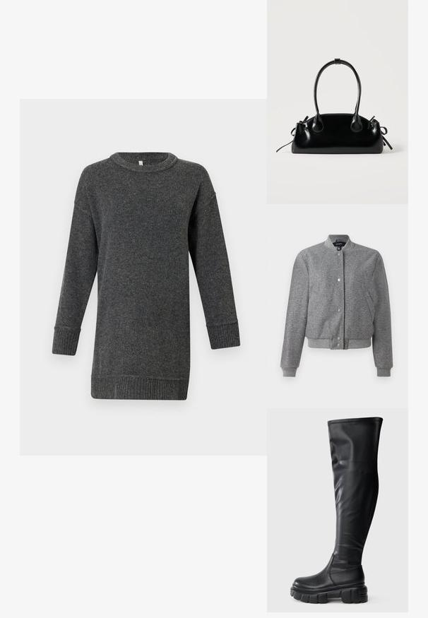 Veste bomber grise avec un col côtelé, fermeture à boutons-pression et deux poches latérales. Fabriquée dans un tissu texturé avec des poignets et un ourlet élastiques.; Pull en laine à manches longues gris foncé, avec des poignets et un ourlet côtelés, un col rond et une coupe décontractée.; Bottes noires jusqu'aux genoux en faux cuir lisse. Semelle en caoutchouc épaisse et chunky avec un bout rond et un design à enfiler.; Petit sac à main noir brillant avec deux longues anses et des détails à cordon sur les côtés sur un fond clair uni.