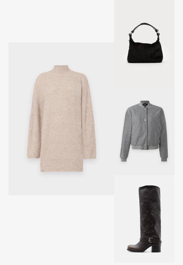 Graue Bomberjacke mit geripptem Kragen, Druckknopfverschluss und zwei Seitentaschen. Hergestellt aus einem strukturierten Stoff mit elastischen Bündchen und Saum.; Beige Pullover mit hohem Kragen und fallenden Schultern, aus geripptem Strickmaterial gefertigt. Lockerer Schnitt mit langen Ärmeln und einer glatten Textur.; Dunkelbrauner kniehoher Lederstiefel mit abgerundetem Zehenbereich, niedrigem Blockabsatz und dekorativem Riemen mit silberner Schnalle in der Nähe des Knöchels.; Schwarze Kunstfell-Handtasche mit weicher Textur, runder Form und einem stabilen schwarzen Leder-Schulterriemen. Sichtbare silberne Hardware-Akzente.