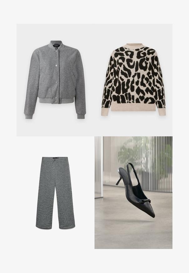 Grå bomberjakke med ribbet krave, trykknaplukning og to sidelommer. Lavet af et tekstureret stof med elastiske manchetter og kant.; Beige sweater med et dristigt, sort leopardprint, rund halsudskæring og ribbede manchetter og kant for en subtil tekstur.; Bukser med vide ben i et tekstureret gråt strikket stof. Har en høj talje og lige ben, hvilket giver en afslappet pasform hele vejen.; Sort tekstureret læder slingback højhælet sko med spids tå og lille dekorativ spænde, svævende over en glat gulv.